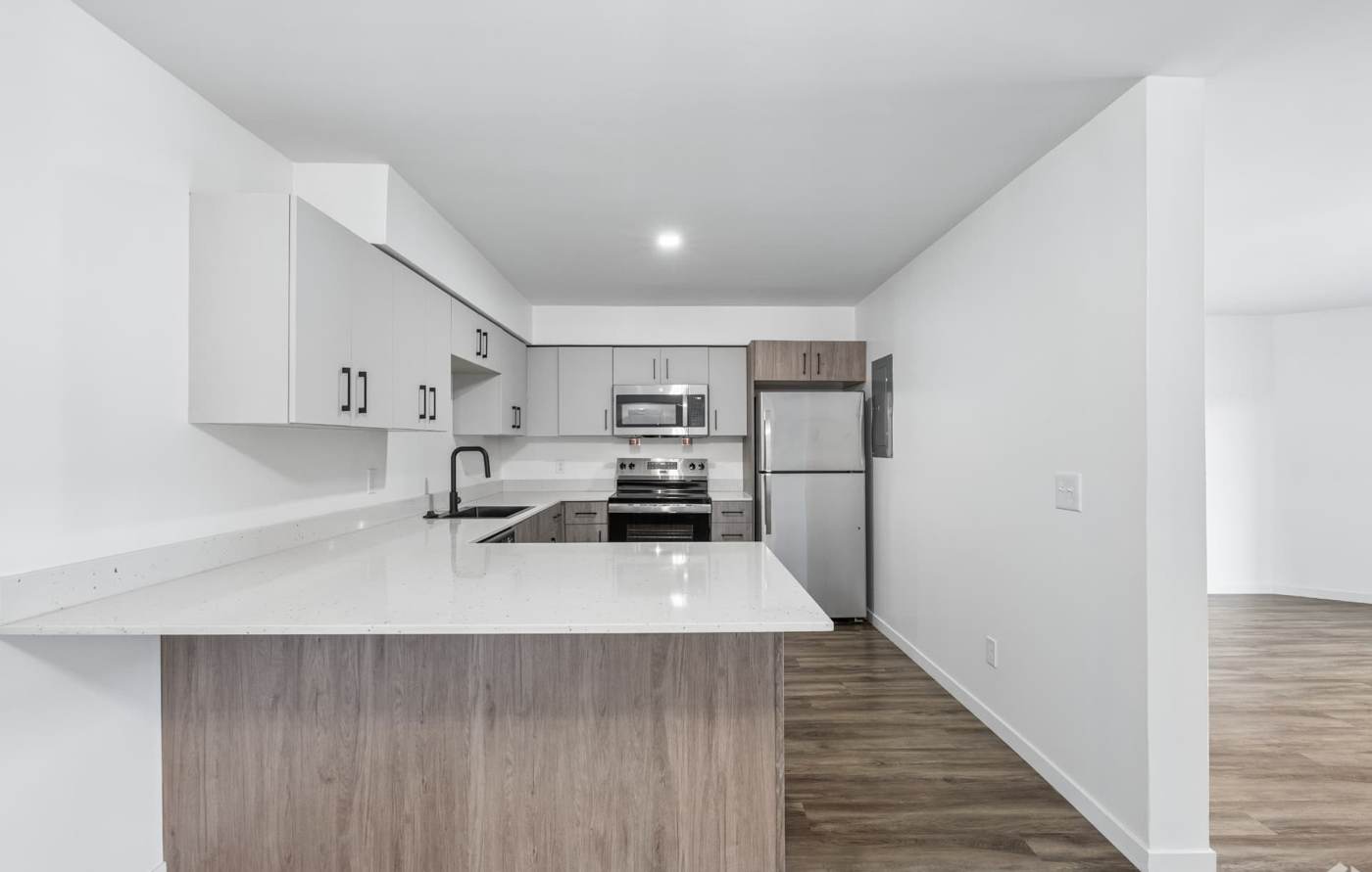Open kitchen with quartz peninsula countertop and stainless steel appliances